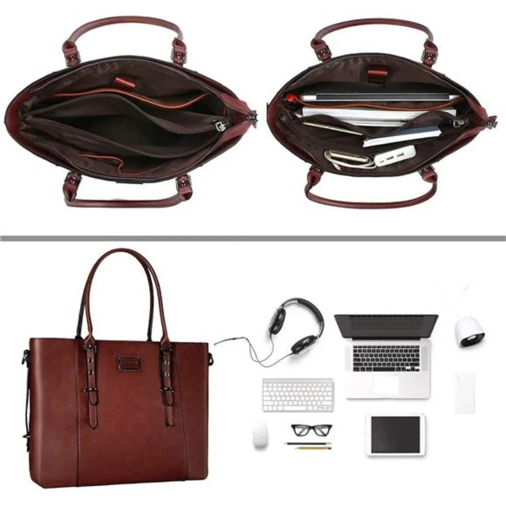 Leather Laptop Tote Bag for Women, Waterproof Large Capacity Business